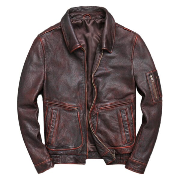 Men’s Vintage Burgundy Distressed Genuine Cowhide Motorcycle Café Racer Turn-Down Collar Lightweight Retro Leather Jacket