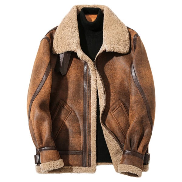 Men’s Air Force Distressed Brown Genuine Sheepskin Faux Fur B3 Bomber Aviator Pilot Leather Jacket
