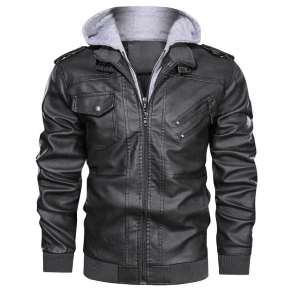 Men’s Bomber Vintage Black Genuine Sheepskin Removable Hooded Motorcycle Biker Leather Jacket - Image 4