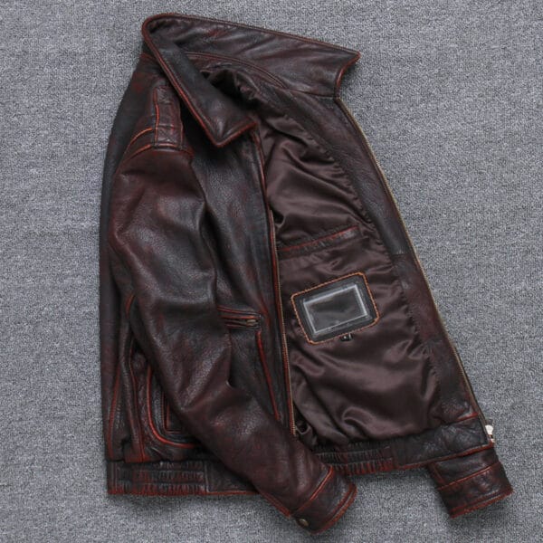 Men’s Vintage Burgundy Distressed Genuine Cowhide Motorcycle Café Racer Turn-Down Collar Lightweight Retro Leather Jacket - Image 4
