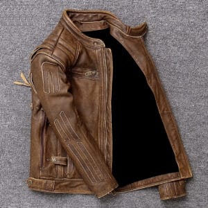 Men’s Vintage Brown Cowhide Genuine Stand Collar Trucker Motorcycle Biker Leather Jacket