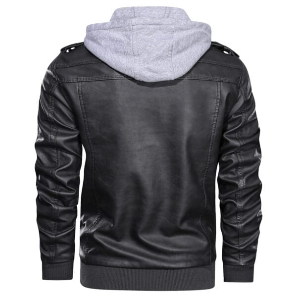 Men’s Bomber Vintage Black Genuine Sheepskin Removable Hooded Motorcycle Biker Leather Jacket - Image 3