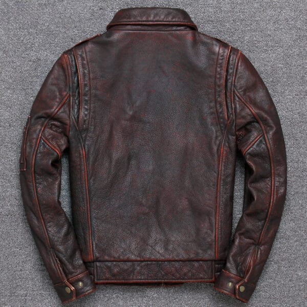 Men’s Vintage Burgundy Distressed Genuine Cowhide Motorcycle Café Racer Turn-Down Collar Lightweight Retro Leather Jacket - Image 3