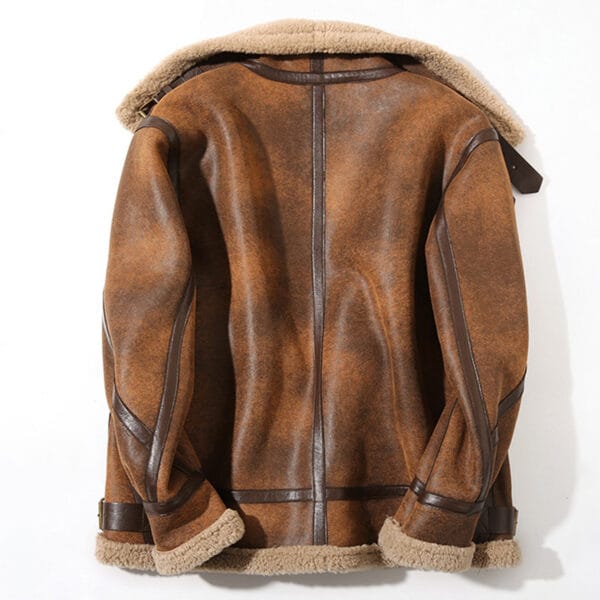 Men’s Air Force Distressed Brown Genuine Sheepskin Faux Fur B3 Bomber Aviator Pilot Leather Jacket - Image 3