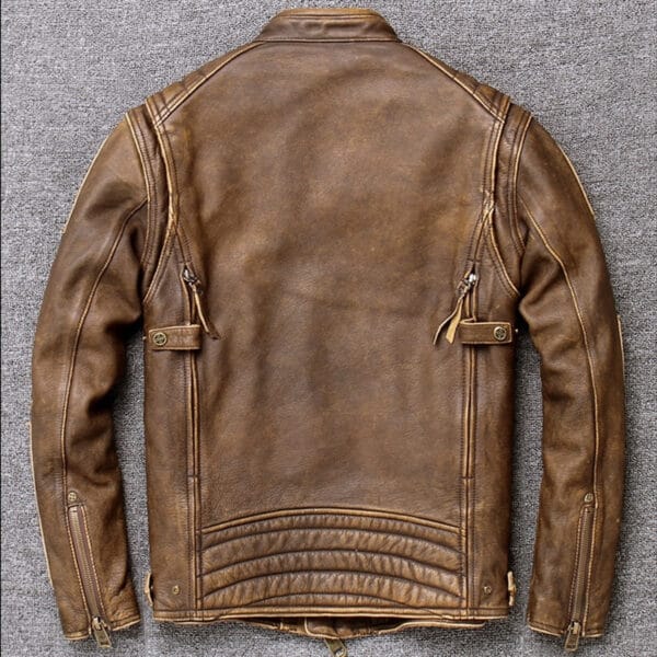 Men’s Vintage Brown Cowhide Genuine Stand Collar Trucker Motorcycle Biker Leather Jacket - Image 2